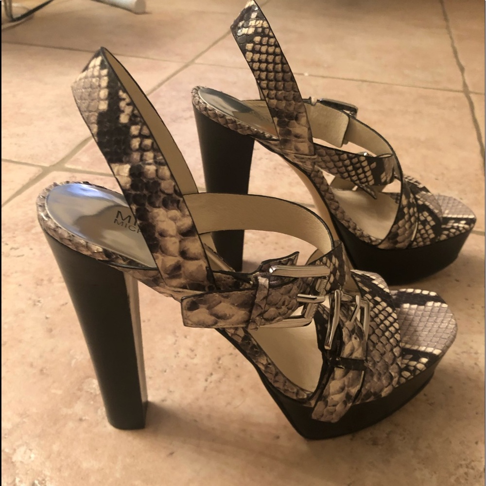 MICHAEL Michael Kors Snake Print Platform Sandals in Black and Cream